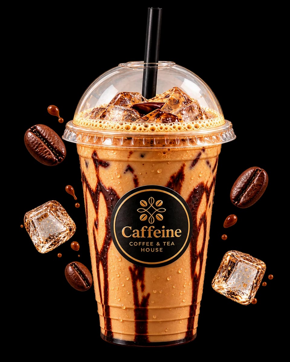 Caffeine iced coffee with caramel, ice and floating coffee beans