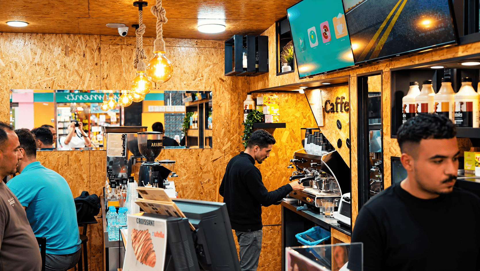 Inside Caffeine: OSB walls, Edison bulbs and the coffee bar