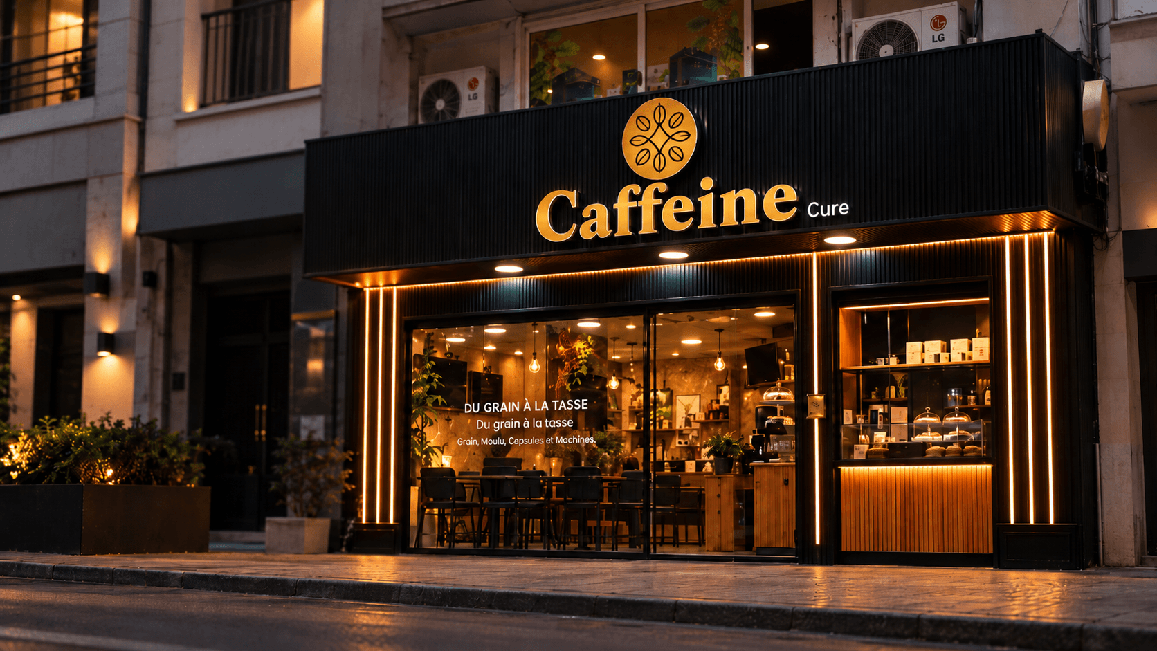 The Caffeine storefront at dusk: black façade, gold sign and lit windows